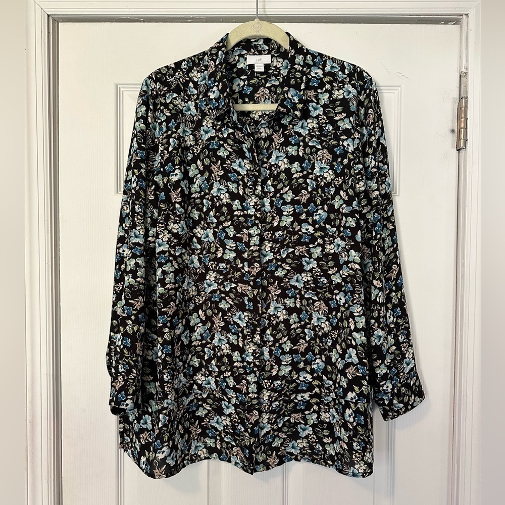 J Jill Floral Print Black Blue and Green Button Up Blouse